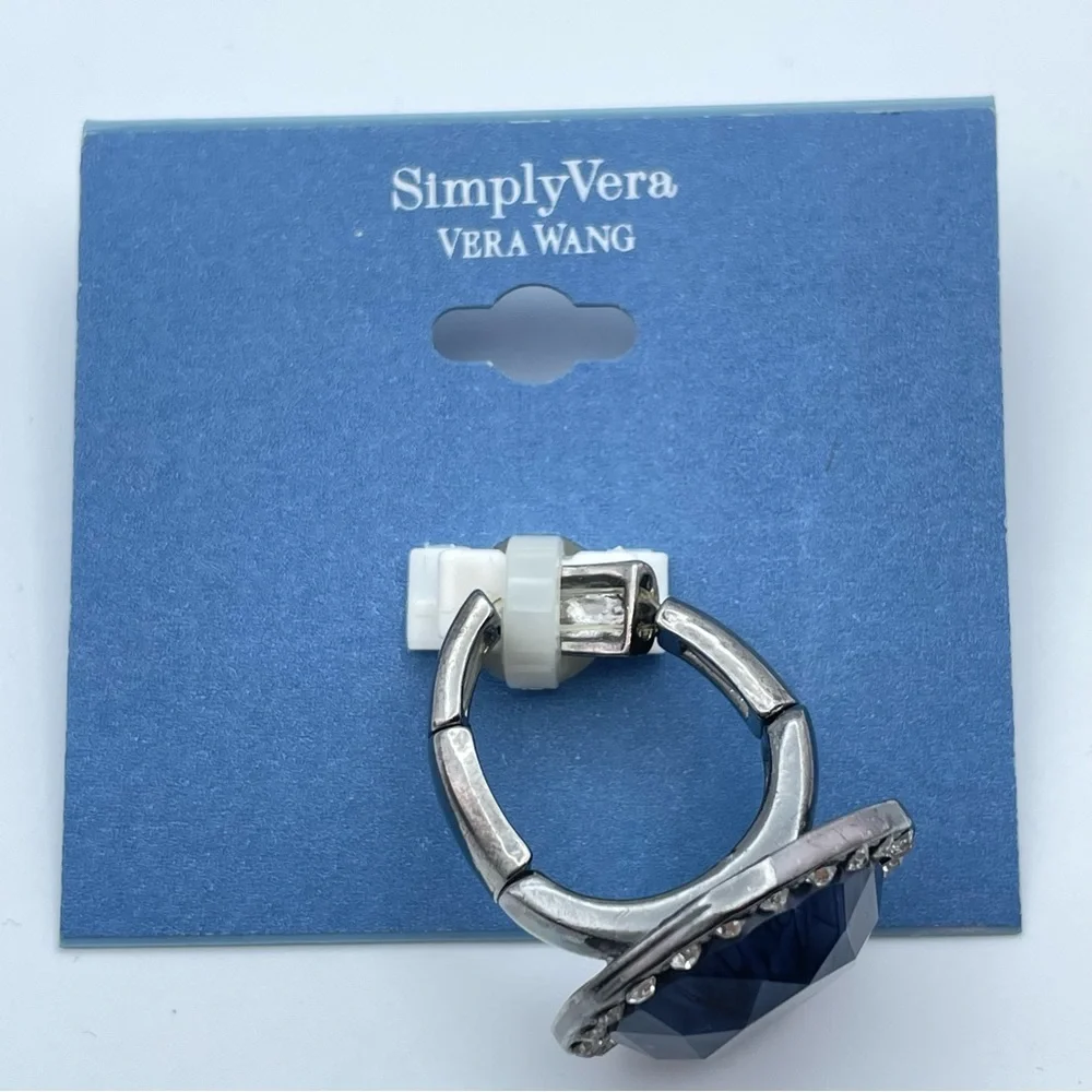 NEW Simply Vera Vera Wang Blue Crystal Halo Silver Tone Stretch Ring